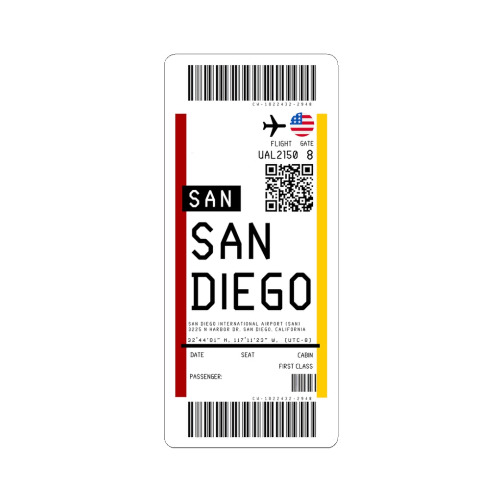 San Diego International Airport (SAN) Boarding Pass Sticker — Travel Luggage Decal