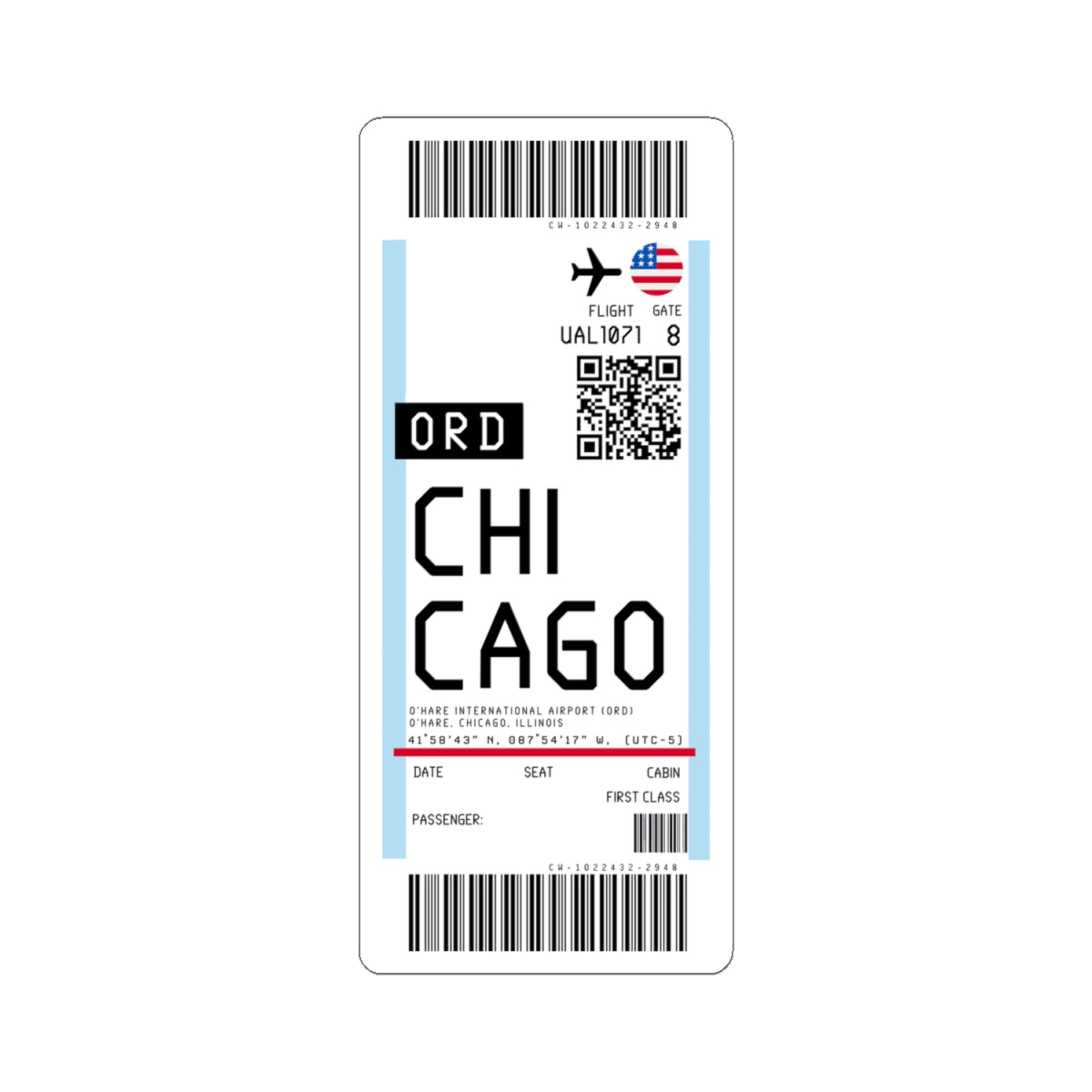 Chicago O'Hare International Airport (ORD) Boarding Pass Sticker — Travel Luggage Decal