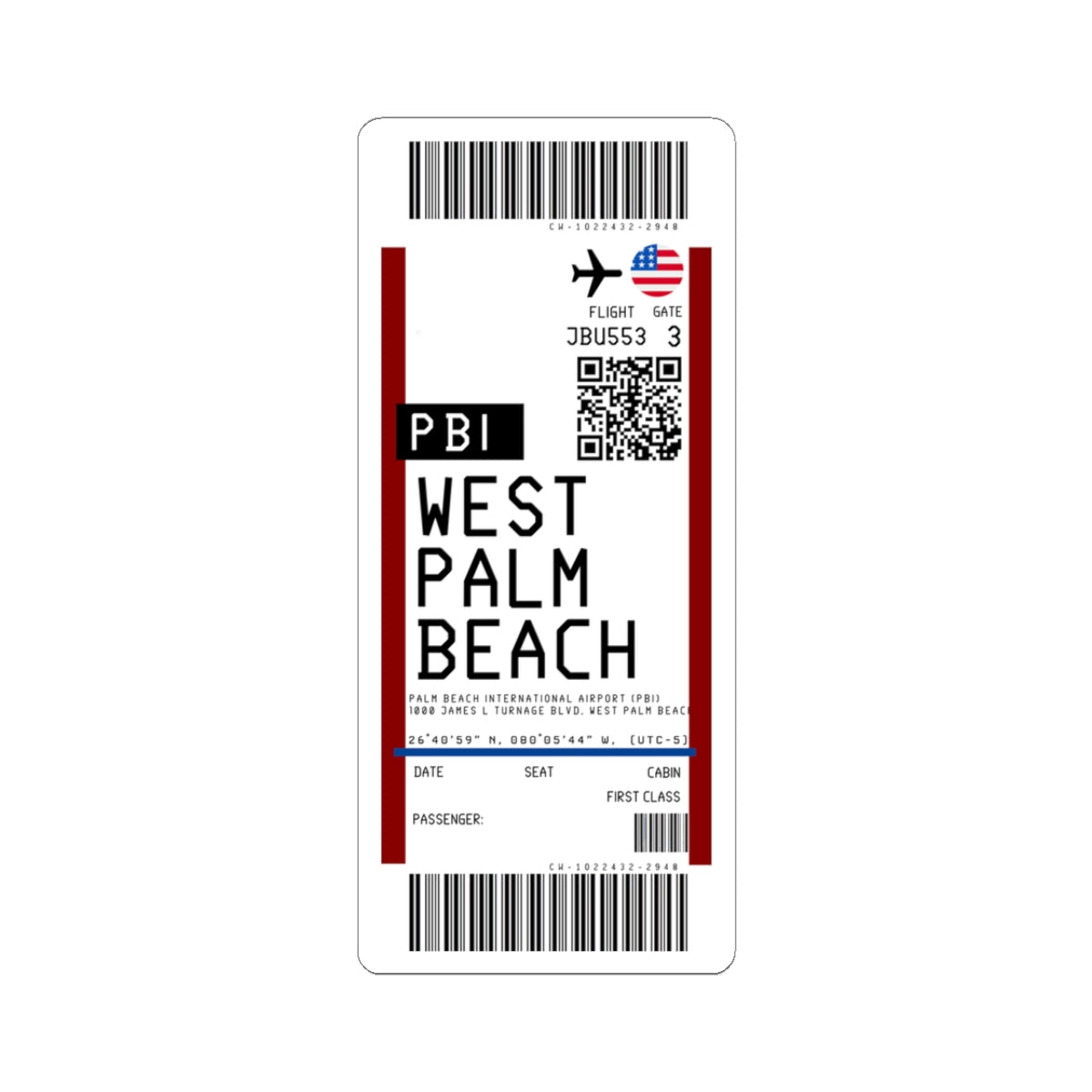 Palm Beach International Airport (PBI) Boarding Pass Sticker — Travel Luggage Decal