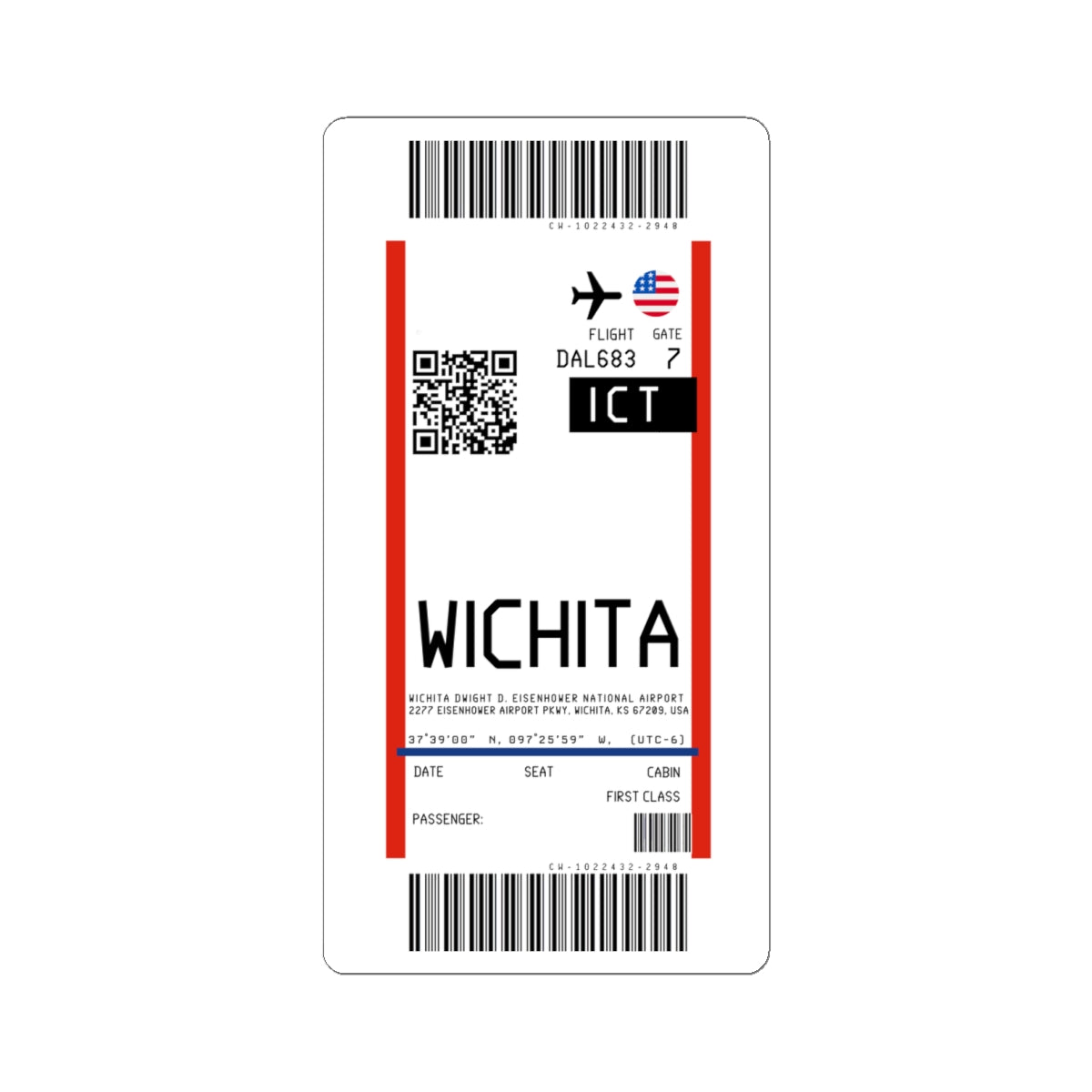 Wichita Dwight D. Eisenhower National Airport (ICT) Boarding Pass Sticker — Travel Luggage Decal
