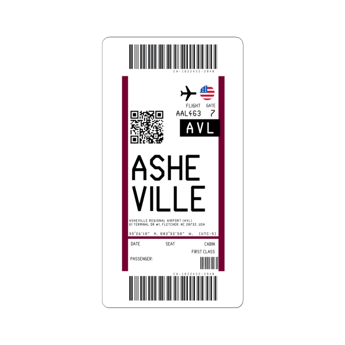 Asheville Regional Airport (AVL) Boarding Pass Sticker — Travel Luggage Decal