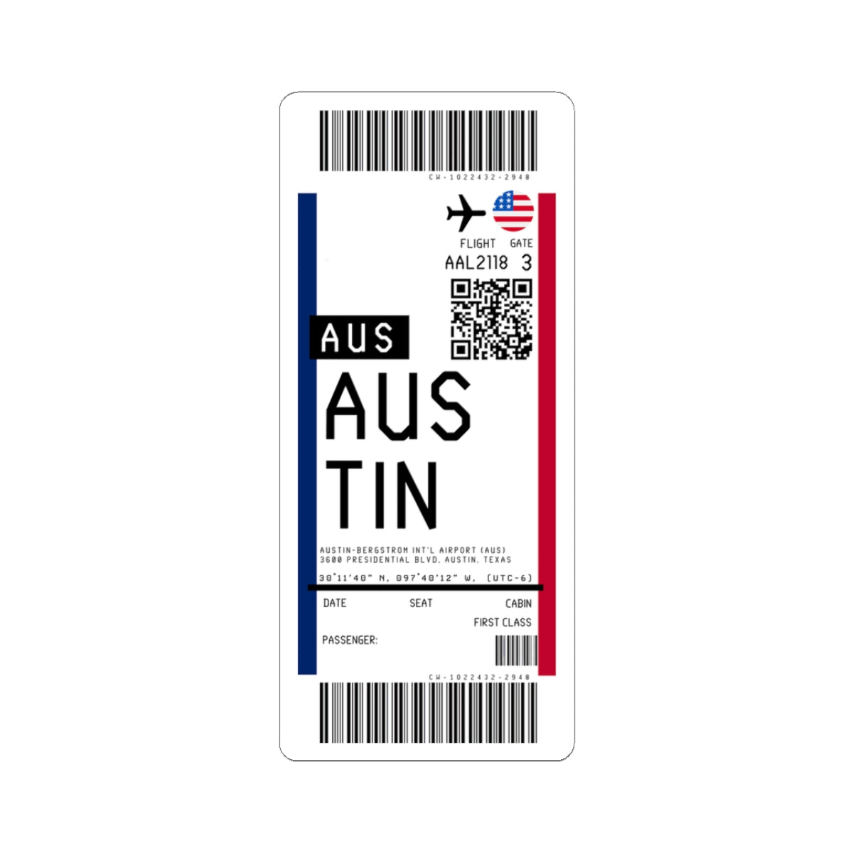 Austin-Bergstrom International Airport (AUS) Boarding Pass Sticker — Travel Luggage Decal