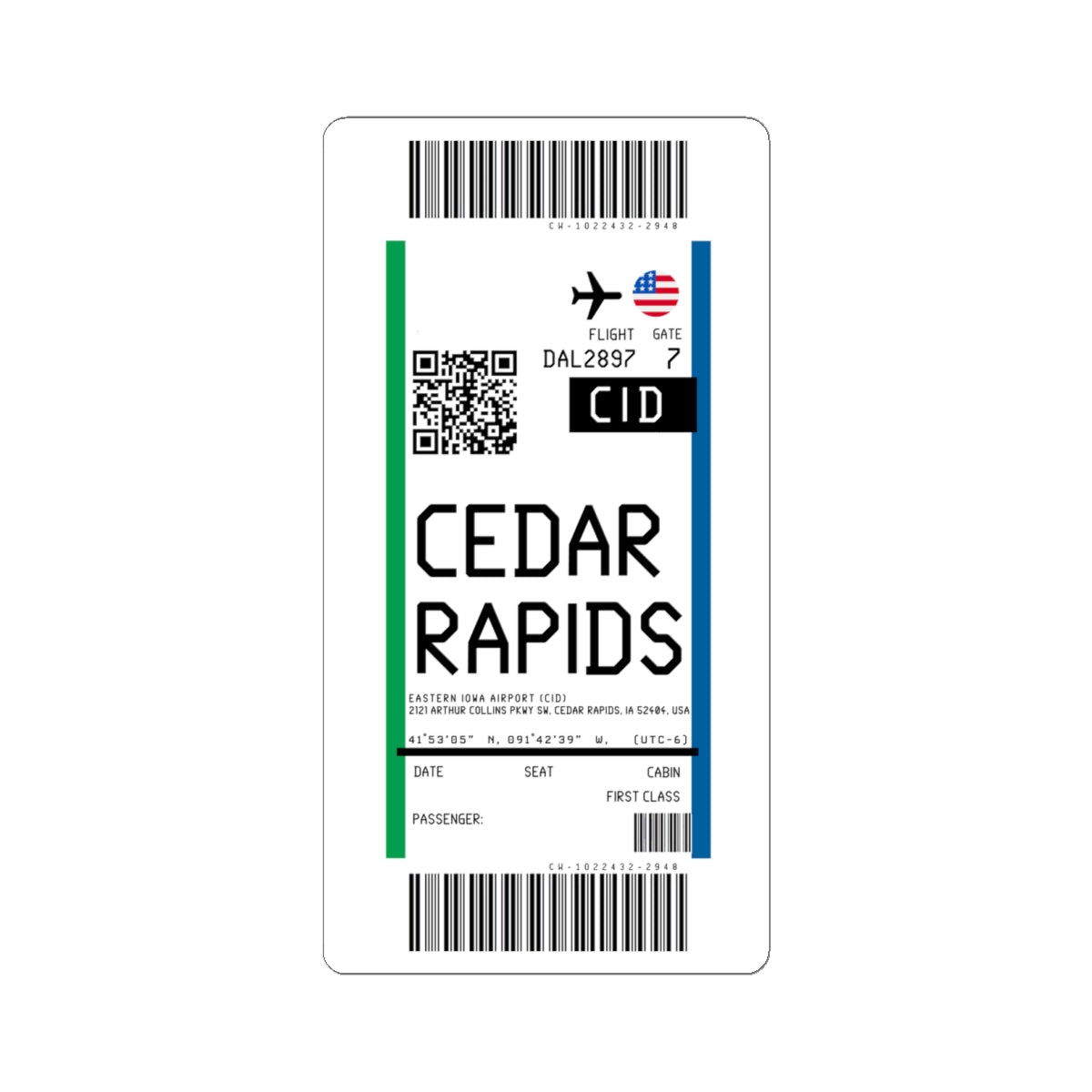 Eastern Iowa Airport (CID) Boarding Pass Sticker — Travel Luggage Decal