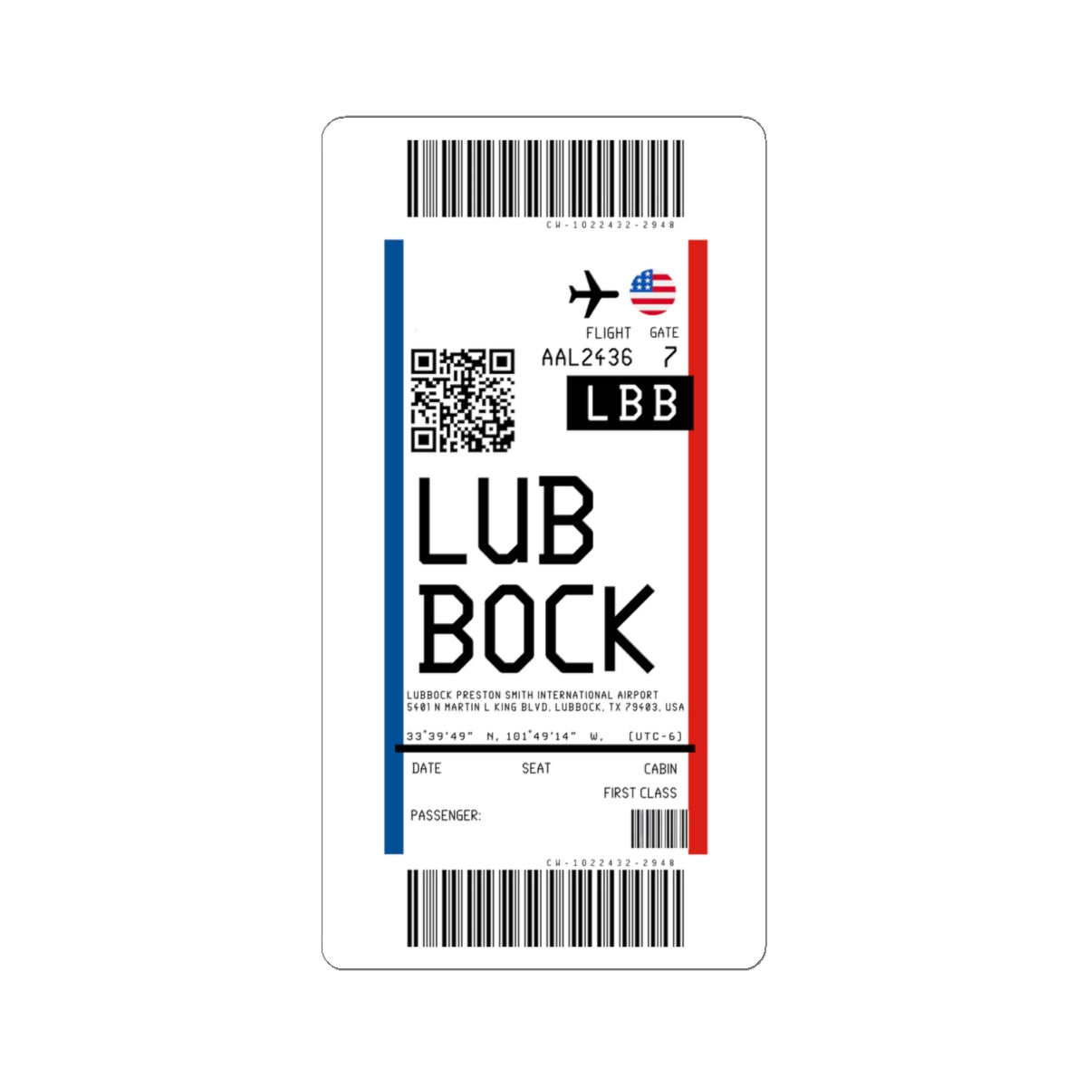 Lubbock Preston Smith International Airport (LBB) Boarding Pass Sticker — Travel Luggage Decal