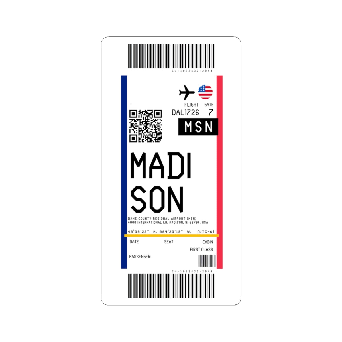 Dane County Regional Airport (MSN) Boarding Pass Sticker — Travel Luggage Decal