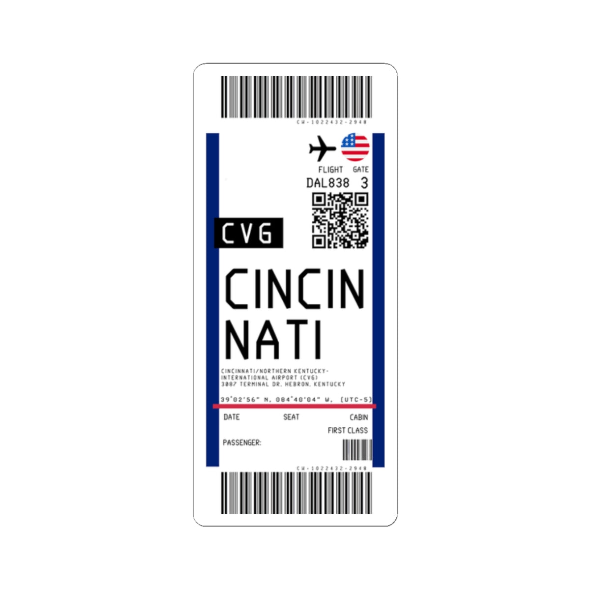 Cincinnati/Northern Kentucky International Airport (CVG) Boarding Pass Sticker — Travel Luggage Decal