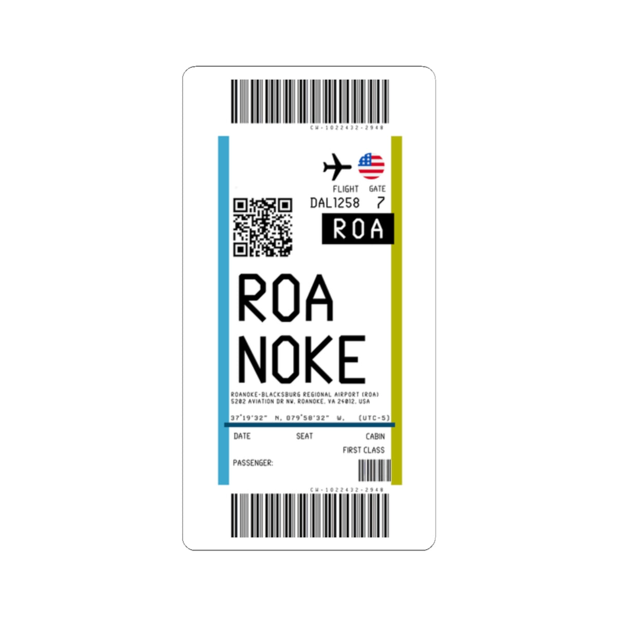 Roanoke-Blacksburg Airport (ROA) Boarding Pass Sticker — Travel Luggage Decal