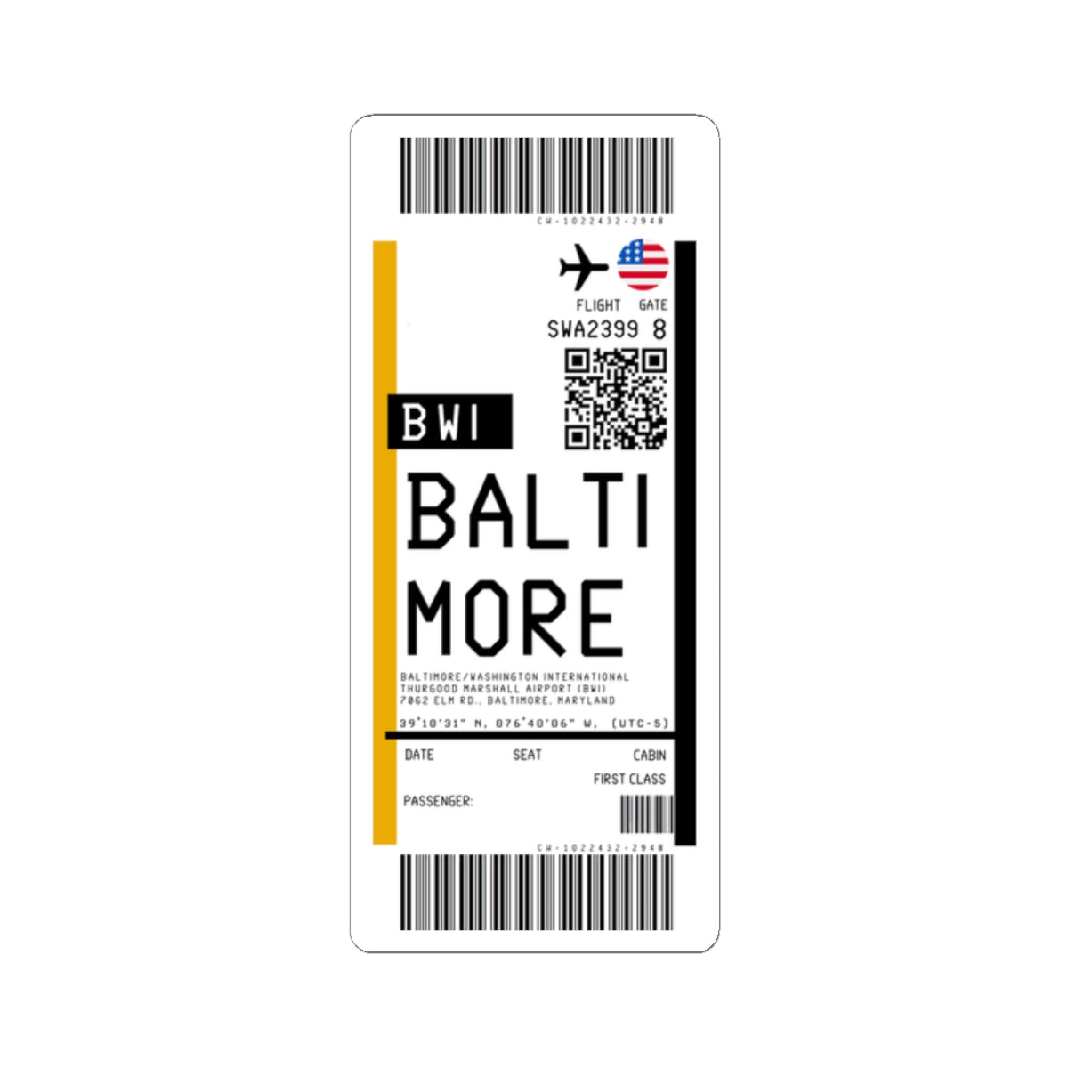 Baltimore/Washington International Thurgood Marshall Airport (BWI) Boarding Pass Sticker — Travel Luggage Decal