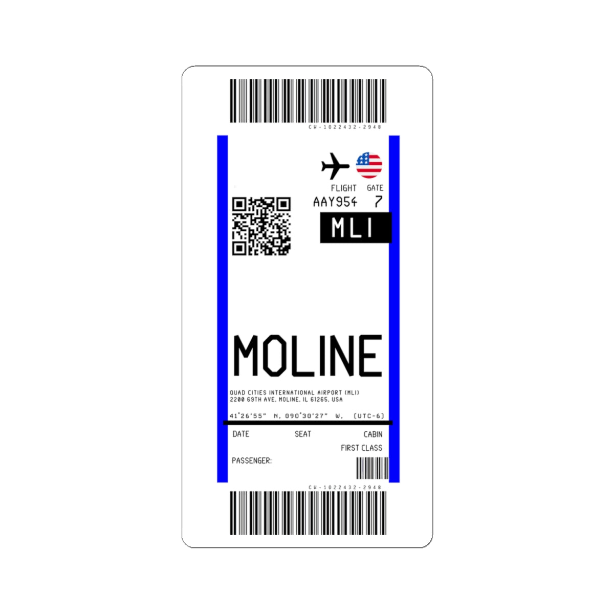 Quad Cities International Airport (MLI) Boarding Pass Sticker — Travel Luggage Decal