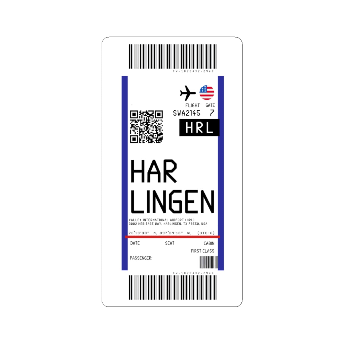 Valley International Airport (HRL) Boarding Pass Sticker — Travel Luggage Decal
