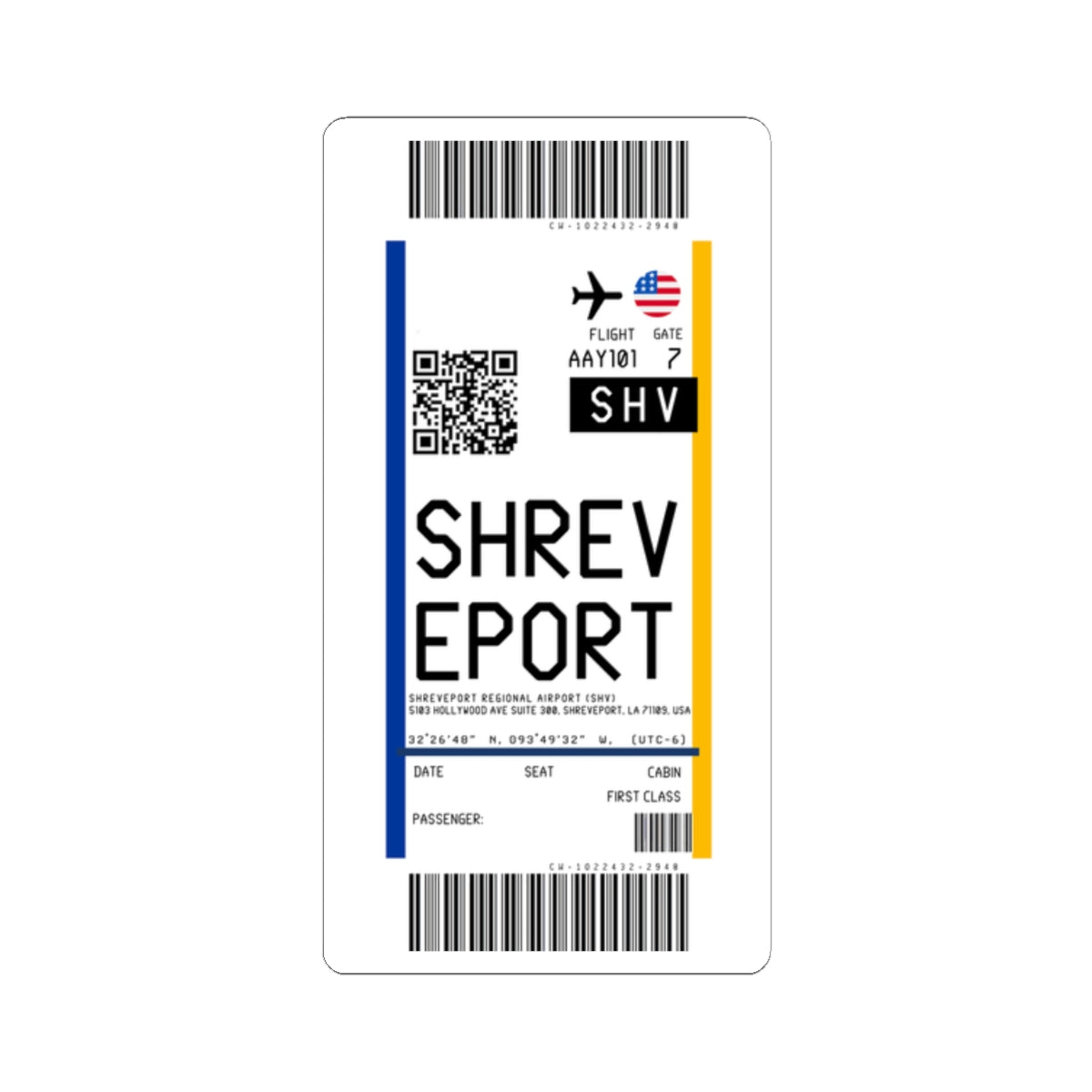 Shreveport Regional Airport (SHV) Boarding Pass Sticker — Travel Luggage Decal