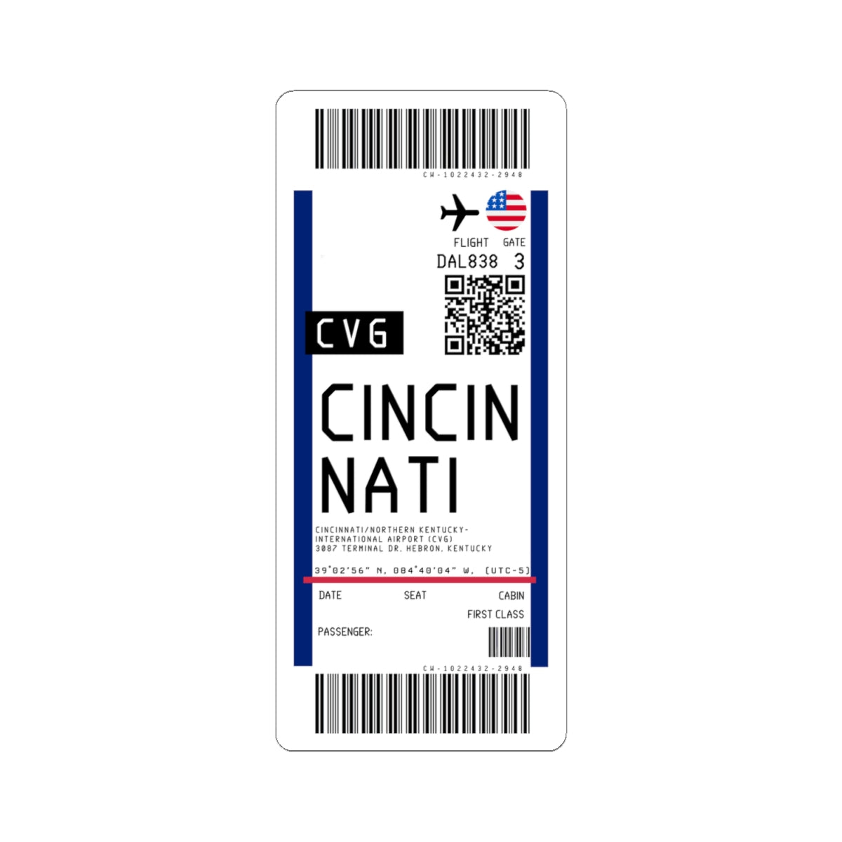 Cincinnati/Northern Kentucky International Airport (CVG) Boarding Pass Sticker — Travel Luggage Decal