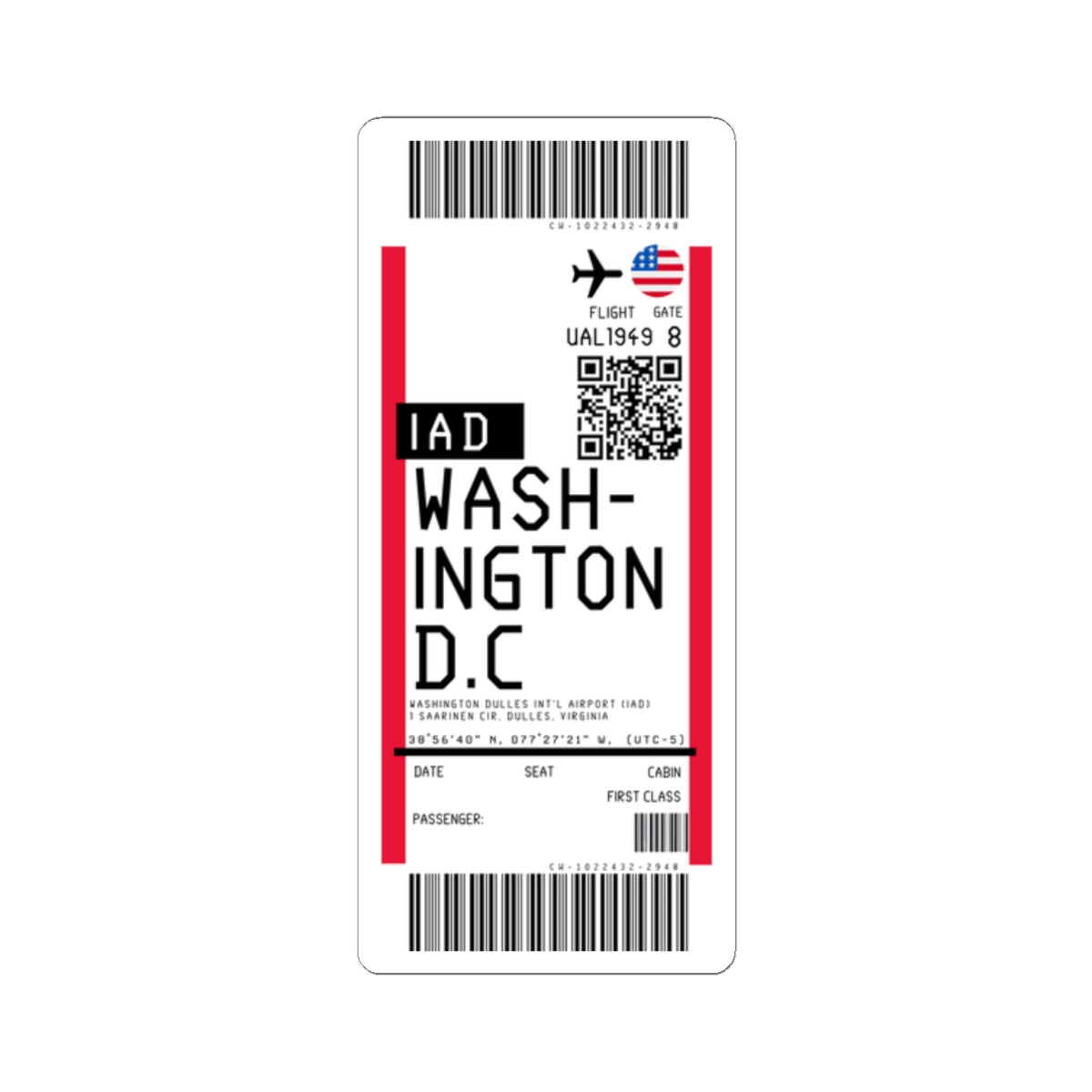 Washington Dulles International Airport (IAD) Boarding Pass Sticker — Travel Luggage Decal