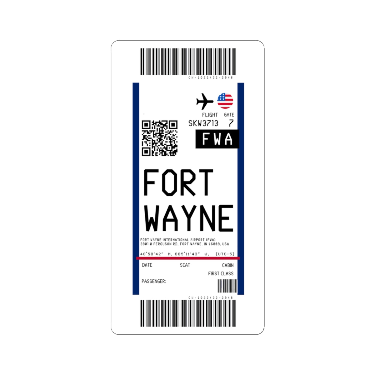 Fort Wayne International Airport (FWA) Boarding Pass Sticker — Travel Luggage Decal
