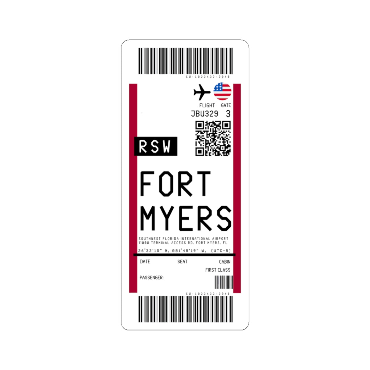 Southwest Florida International Airport (RSW) Boarding Pass Sticker — Travel Luggage Decal