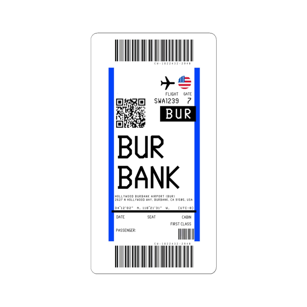 Hollywood Burbank Airport (BUR) Boarding Pass Sticker — Travel Luggage Decal