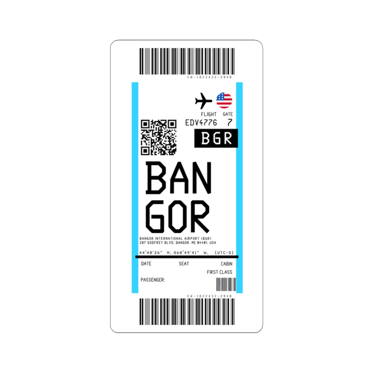Bangor International Airport (BGR) Boarding Pass Sticker — Travel Luggage Decal