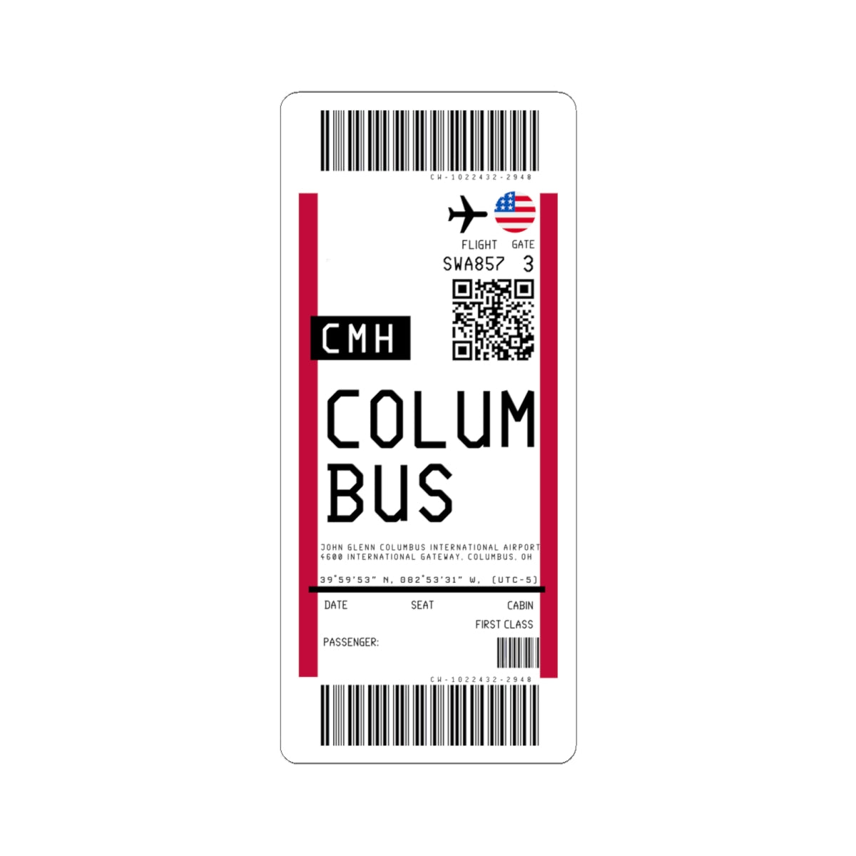 John Glenn Columbus International Airport (CMH) Boarding Pass Sticker — Travel Luggage Decal