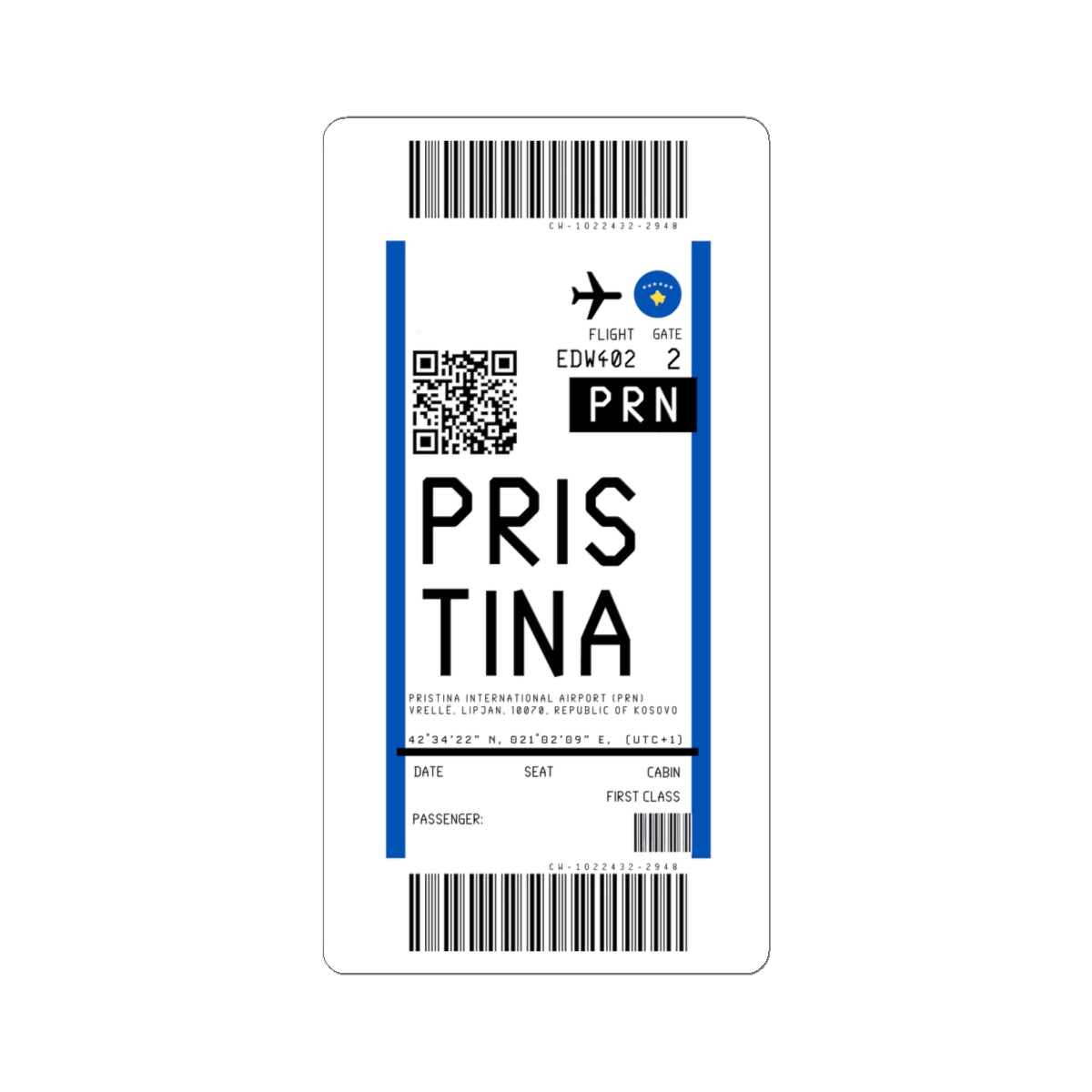 Pristina  Adem Jashari International Airport (PRN) Boarding Pass Sticker — Travel Luggage Decal