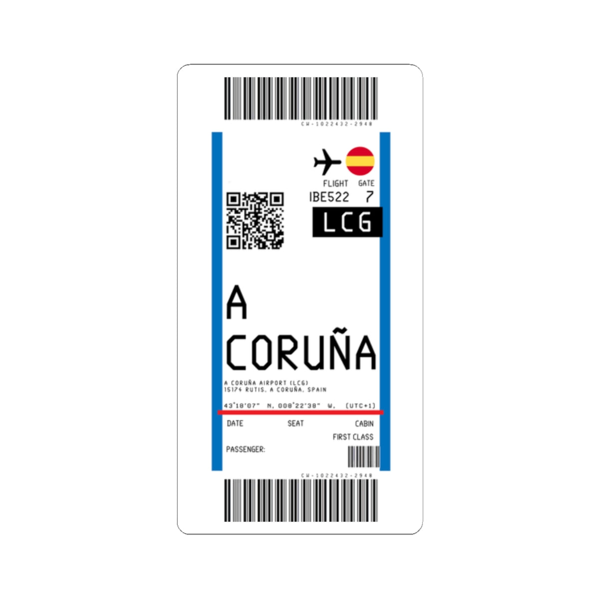 A Coruña Airport (LCG) Boarding Pass Sticker — Travel Luggage Decal
