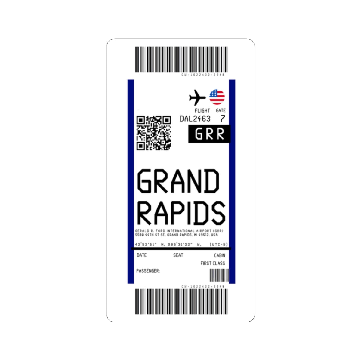 Grand Rapids Gerald R. Ford International Airport (GRR) Boarding Pass Sticker — Travel Luggage Decal