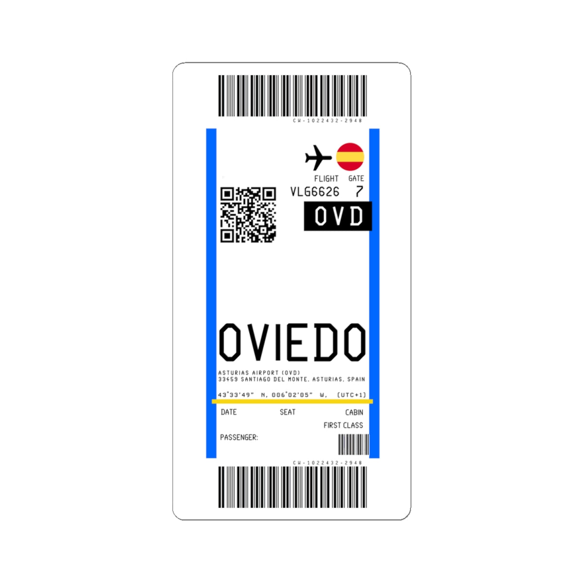 Asturias Airport (OVD) Boarding Pass Sticker — Travel Luggage Decal