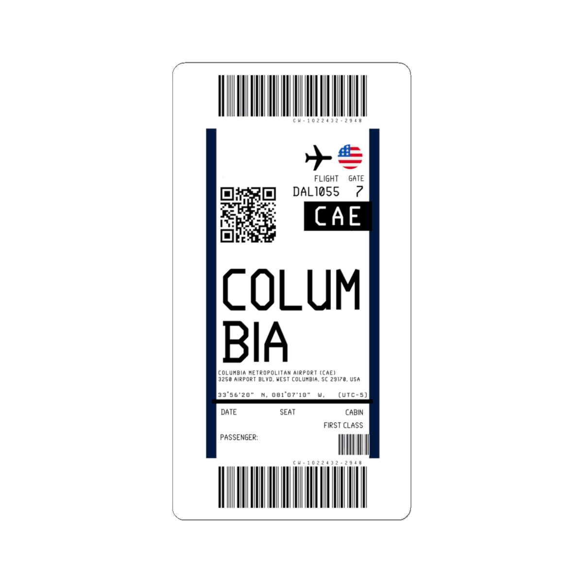 Columbia Metropolitan Airport (CAE) Boarding Pass Sticker — Travel Luggage Decal