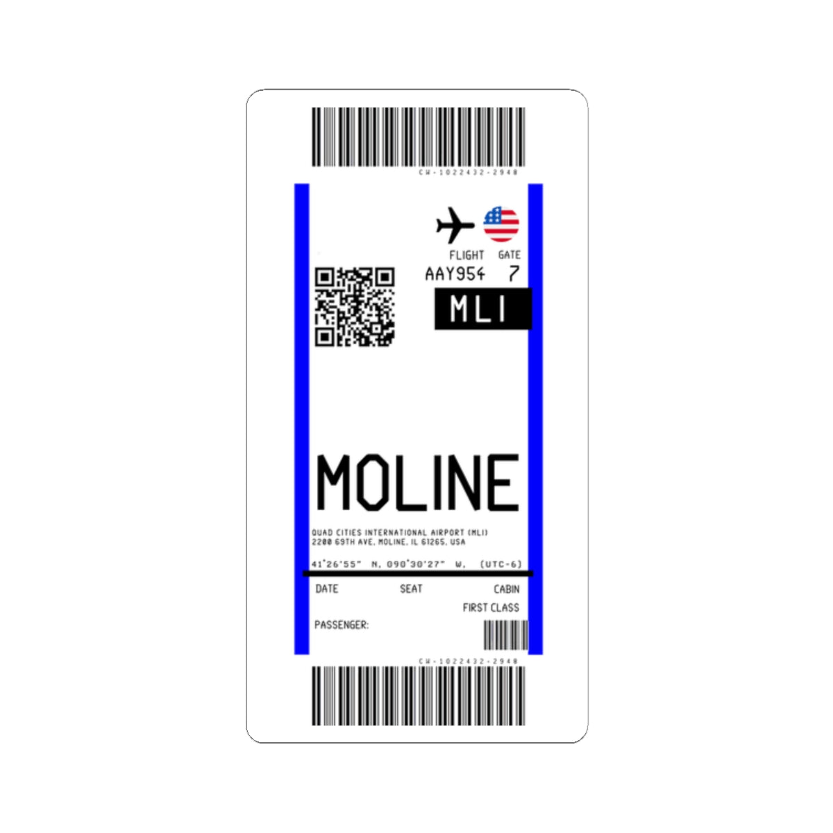 Quad Cities International Airport (MLI) Boarding Pass Sticker — Travel Luggage Decal