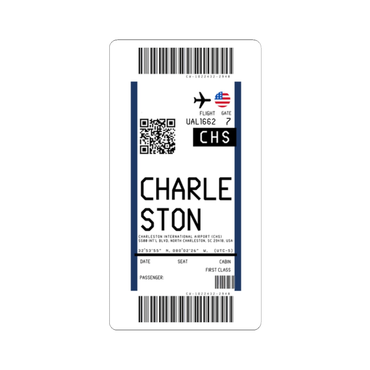 Charleston International Airport (CHS) Boarding Pass Sticker — Travel Luggage Decal