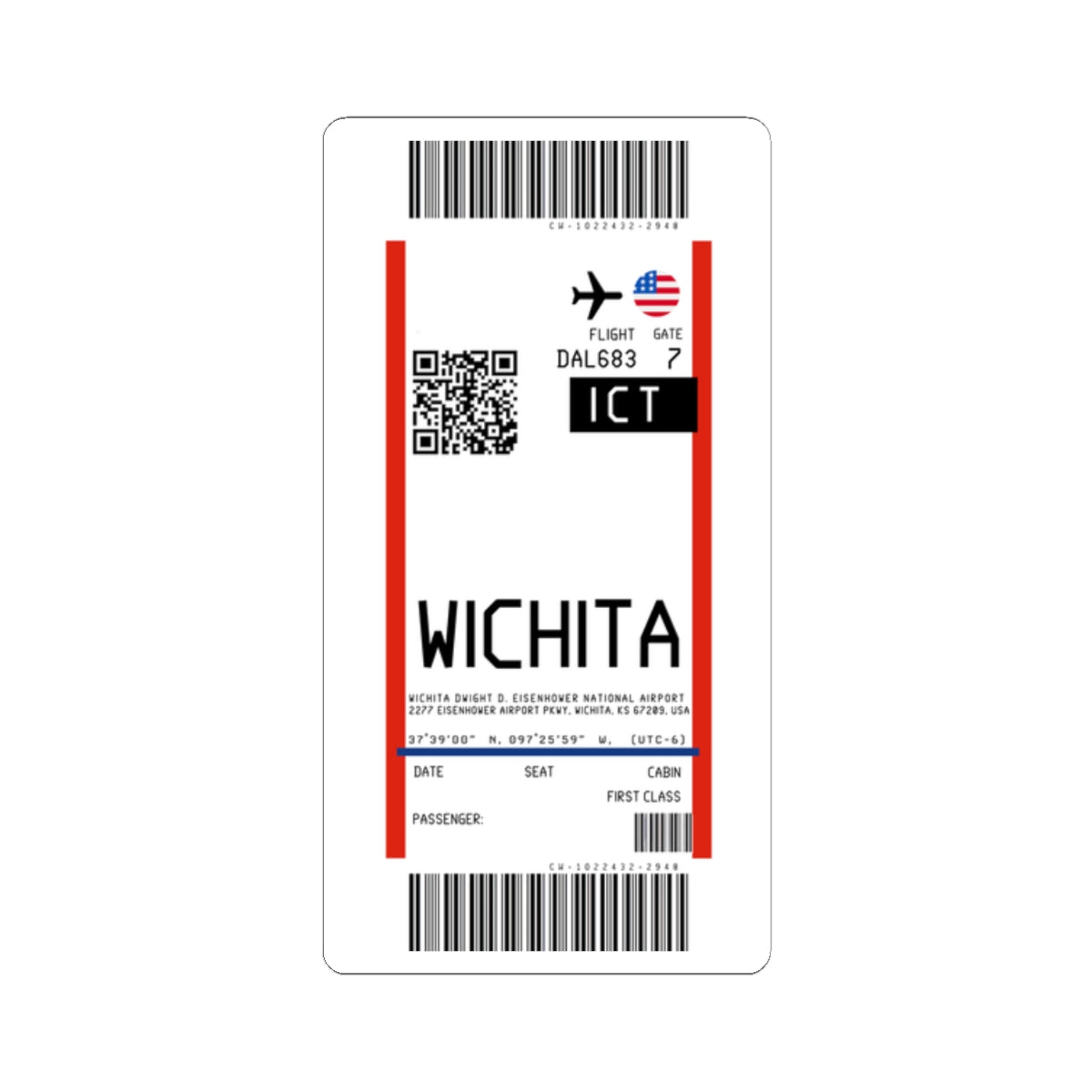 Wichita Dwight D. Eisenhower National Airport (ICT) Boarding Pass Sticker — Travel Luggage Decal