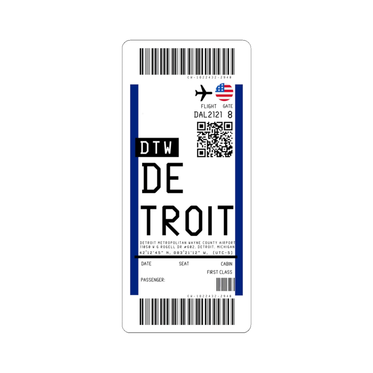 Detroit Metropolitan Wayne County Airport (DTW) Boarding Pass Sticker — Travel Luggage Decal
