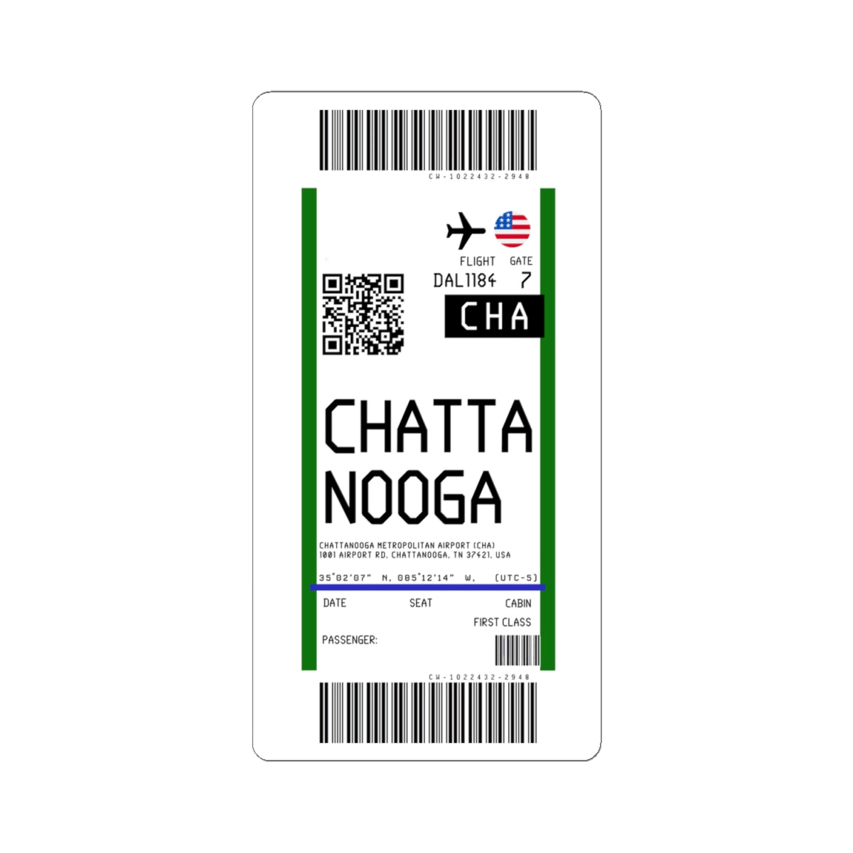 Chattanooga Metropolitan Airport (CHA) Boarding Pass Sticker — Travel Luggage Decal