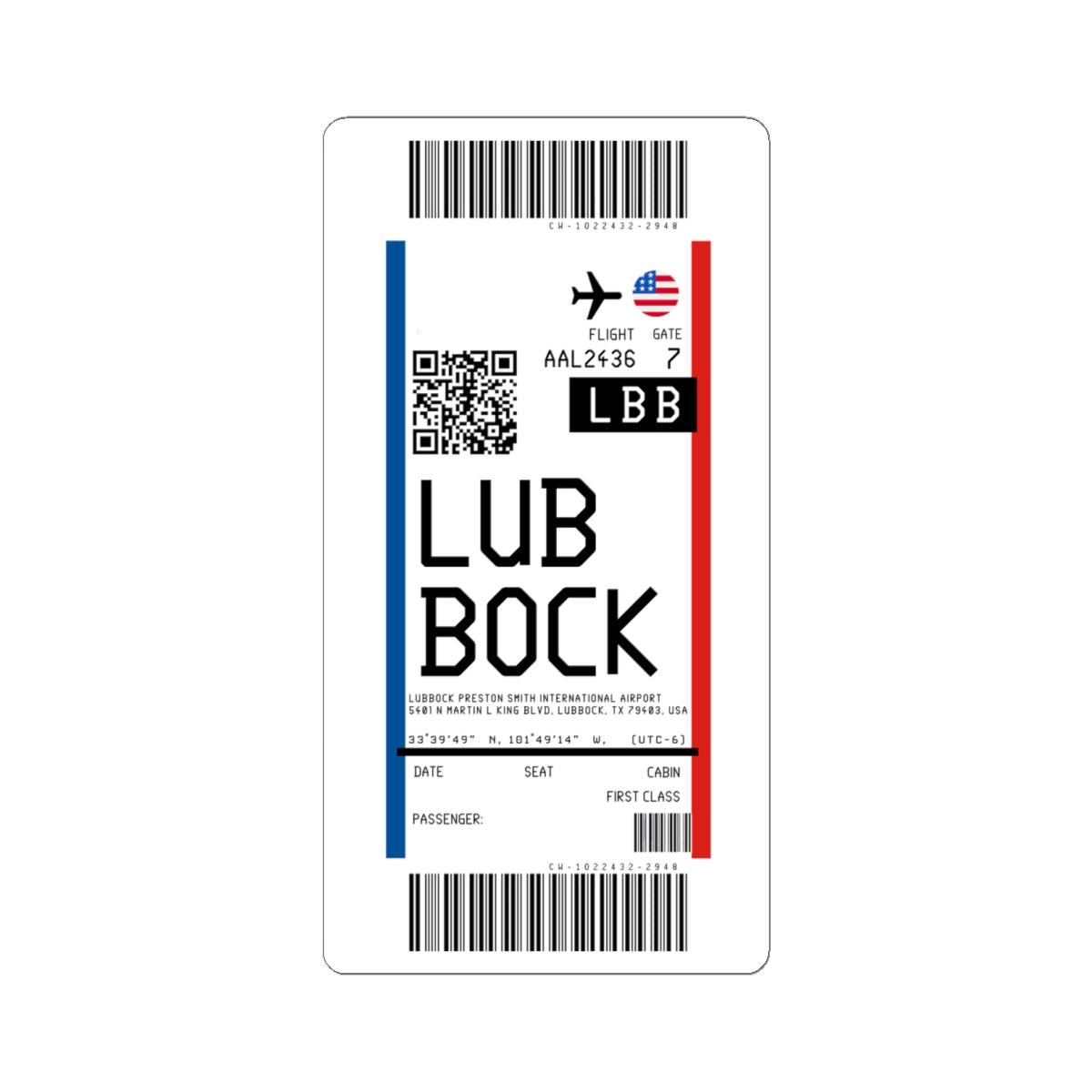 Lubbock Preston Smith International Airport (LBB) Boarding Pass Sticker — Travel Luggage Decal