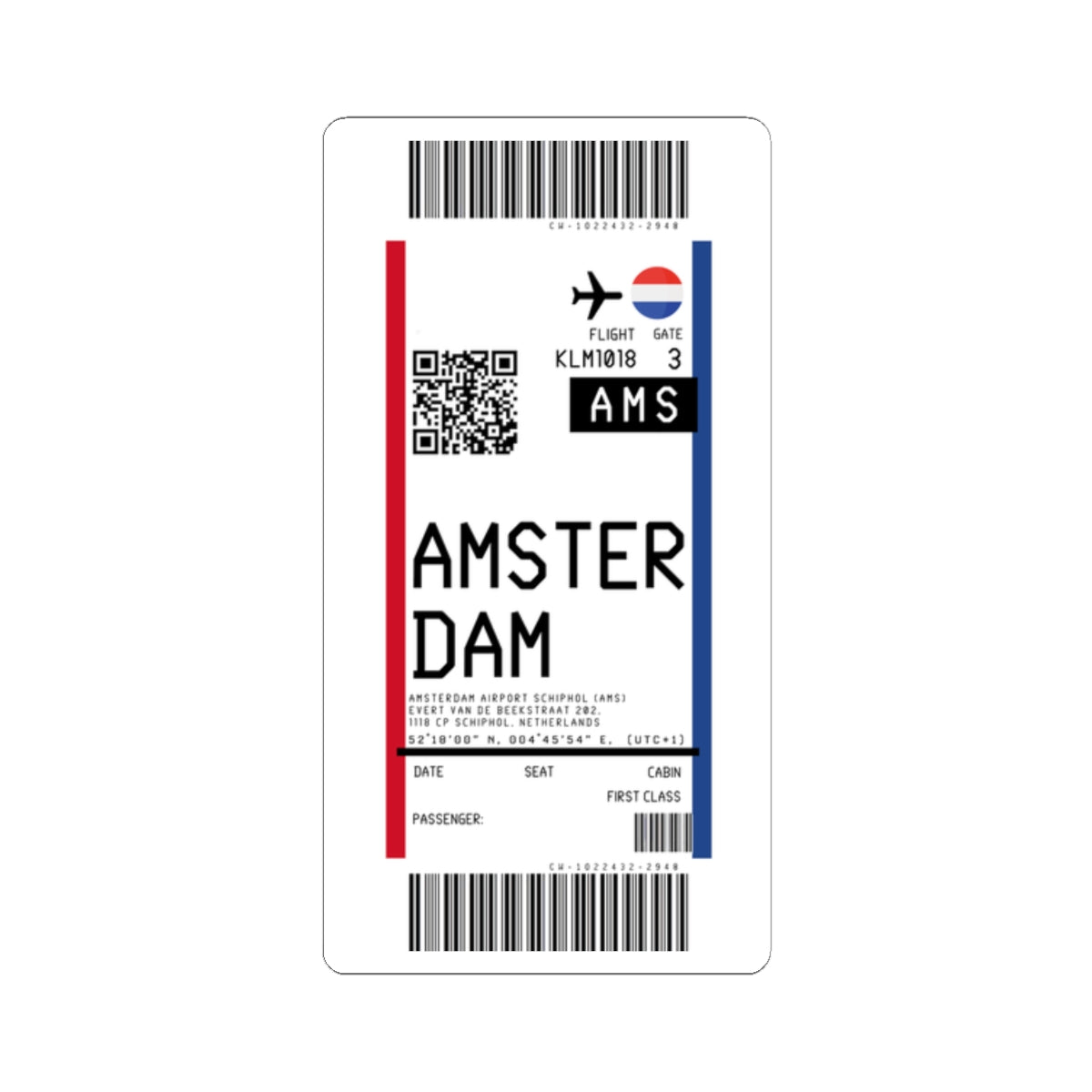 Amsterdam Airport Schiphol (AMS) Boarding Pass Sticker — Travel Luggage Decal