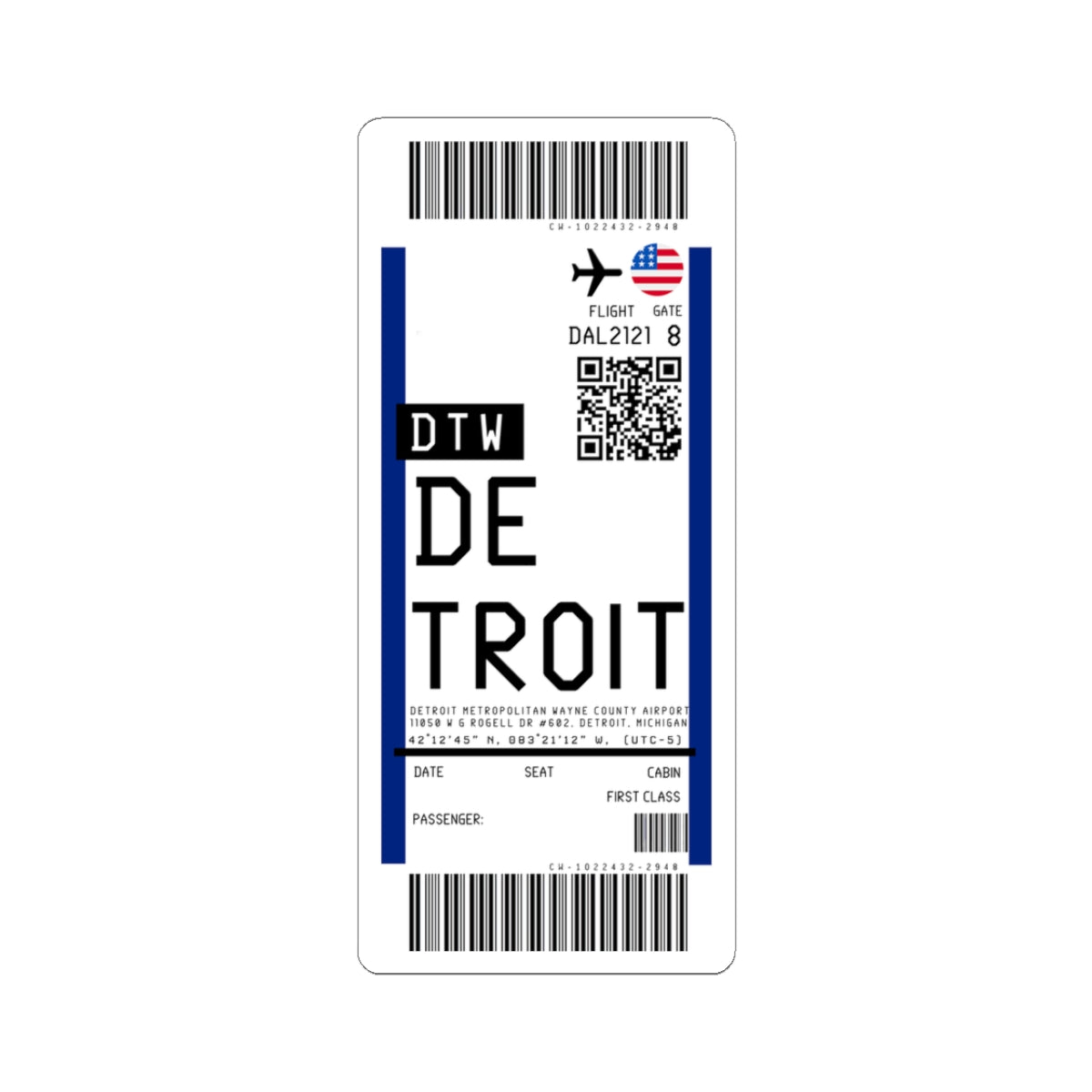 Detroit Metropolitan Wayne County Airport (DTW) Boarding Pass Sticker — Travel Luggage Decal