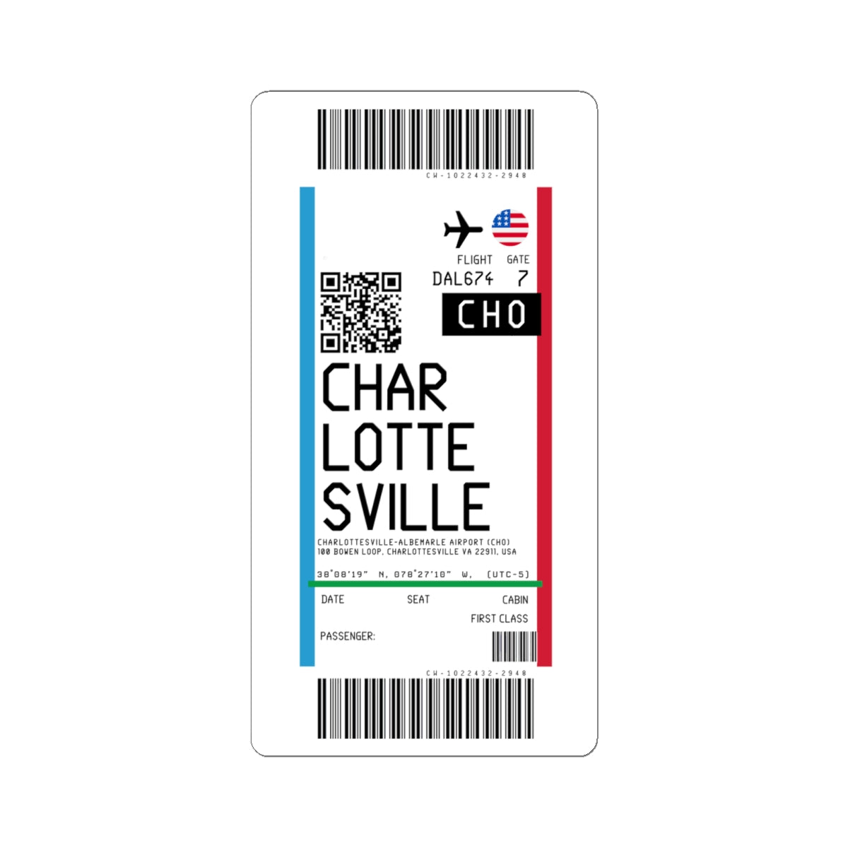 Charlottesville–Albemarle Airport (CHO) Boarding Pass Sticker — Travel Luggage Decal
