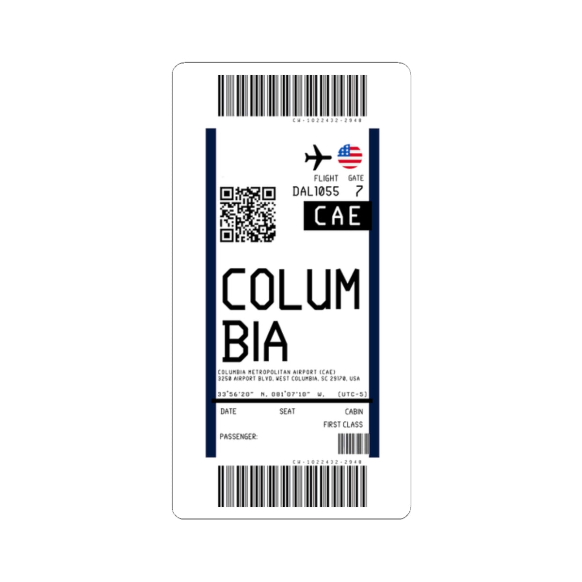 Columbia Metropolitan Airport (CAE) Boarding Pass Sticker — Travel Luggage Decal