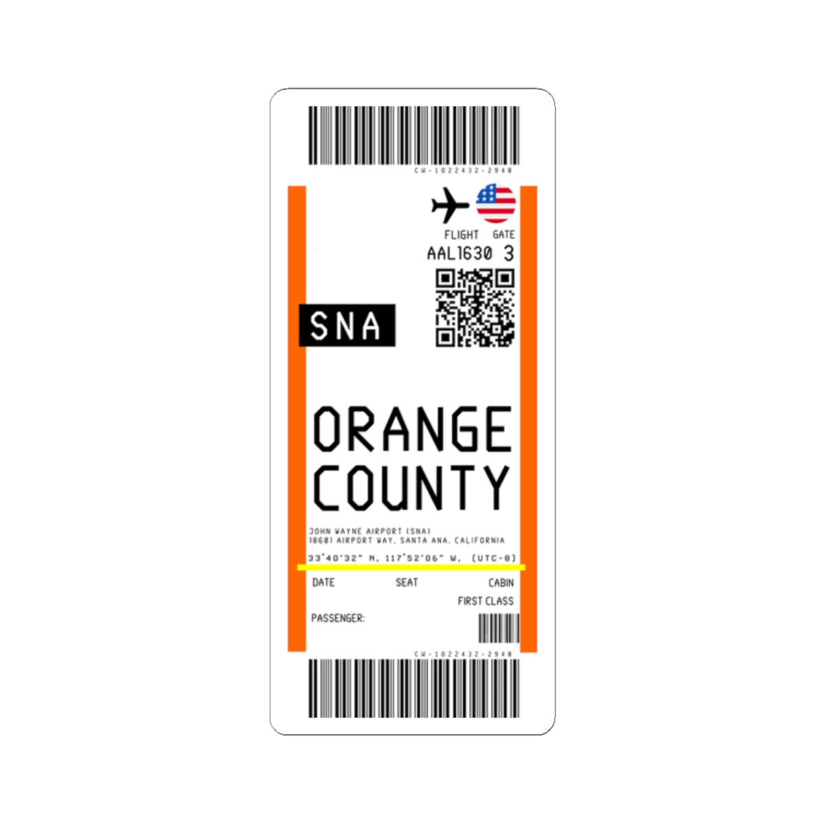 John Wayne Airport (SNA) Boarding Pass Sticker — Travel Luggage Decal