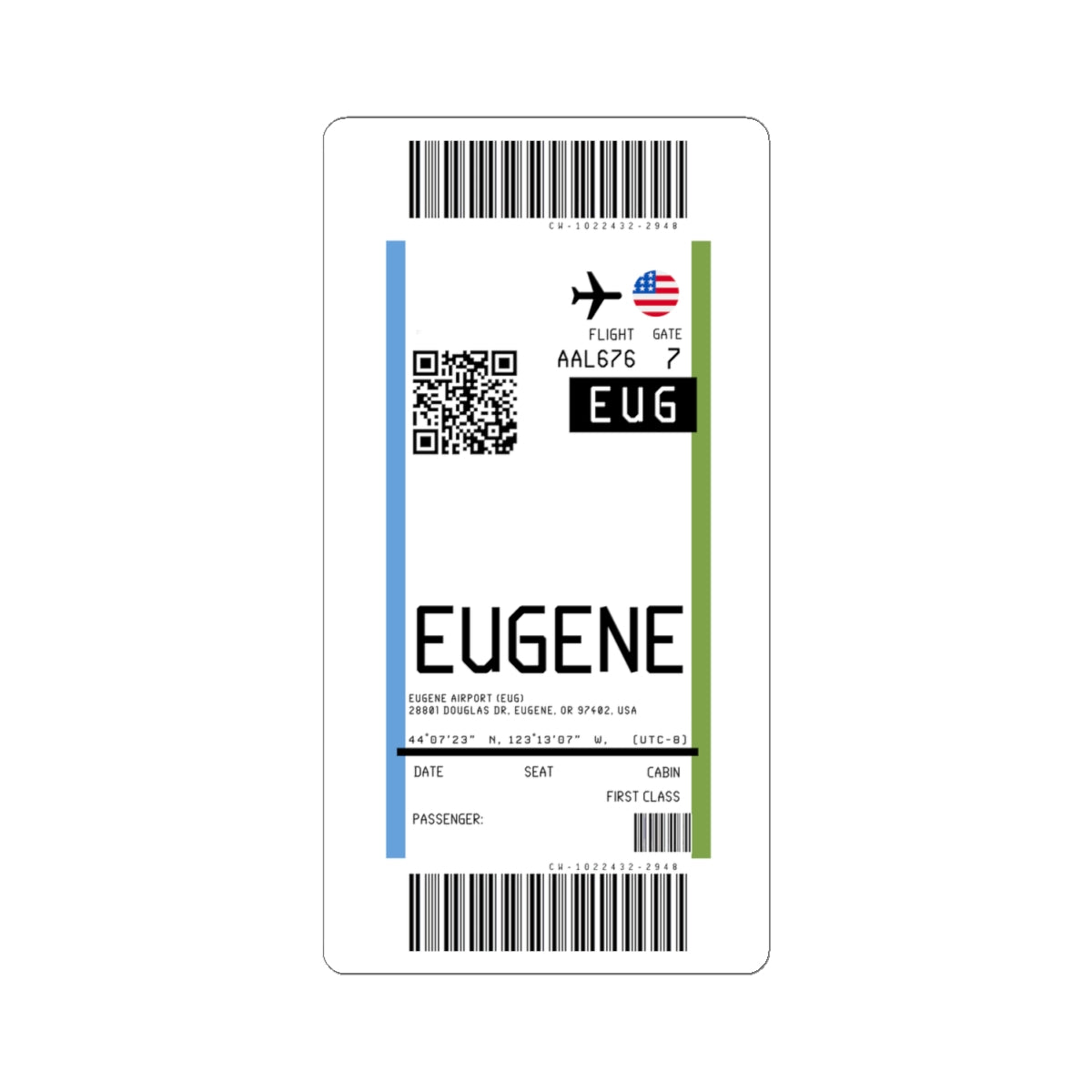 Eugene Airport (EUG) Boarding Pass Sticker — Travel Luggage Decal