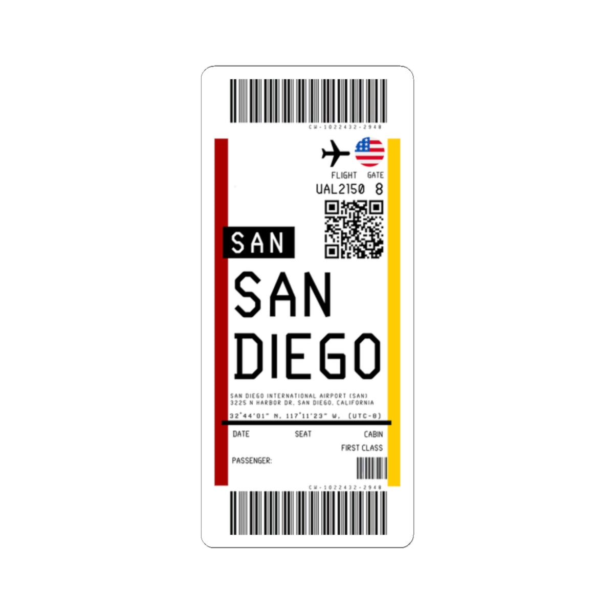 San Diego International Airport (SAN) Boarding Pass Sticker — Travel Luggage Decal