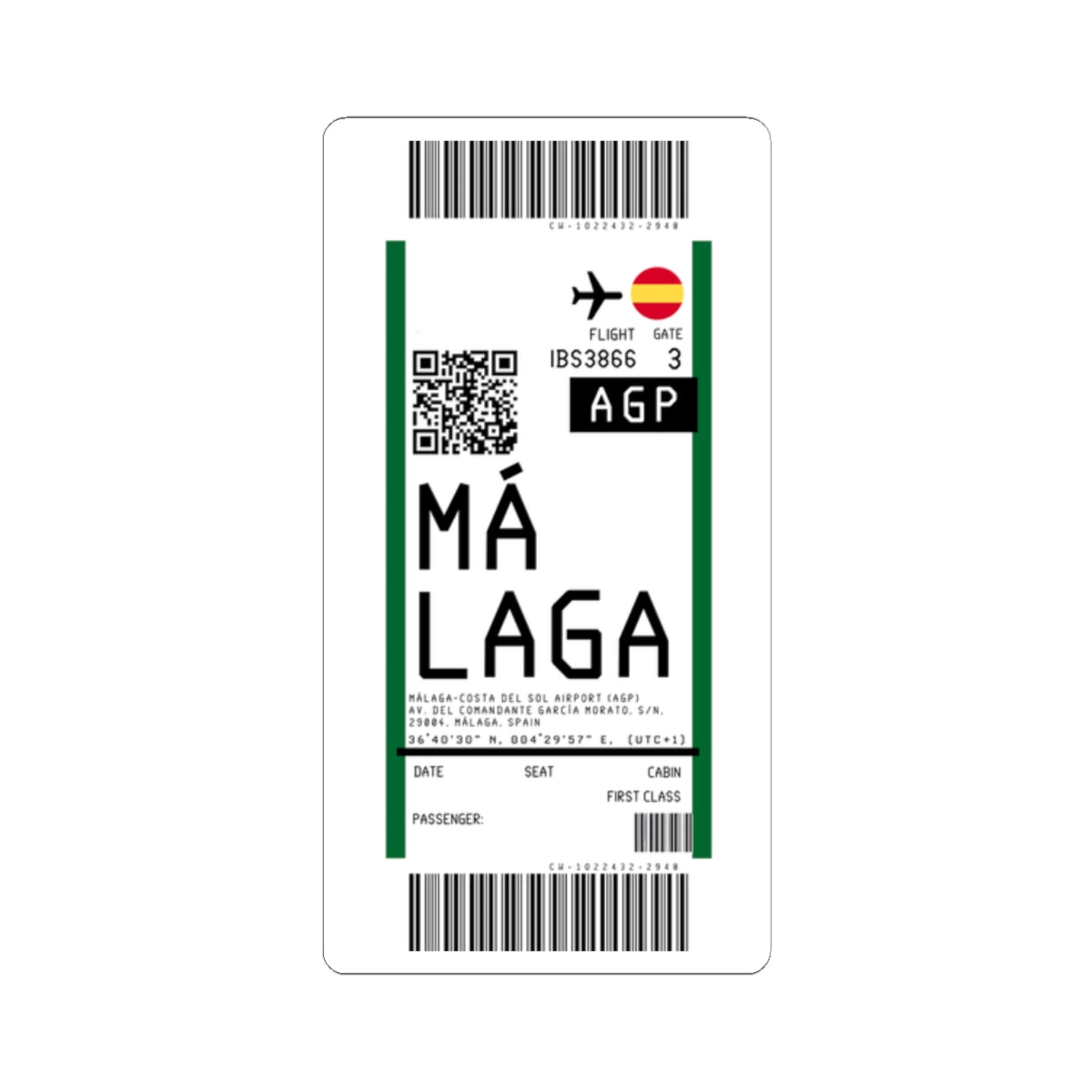 Málaga-Costa del Sol Airport (AGP) Boarding Pass Sticker — Travel Luggage Decal