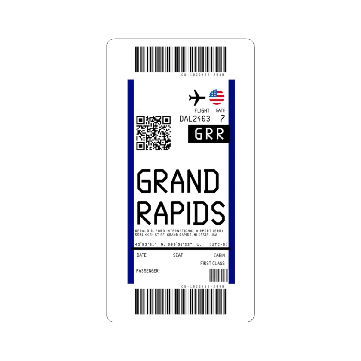 Grand Rapids Gerald R. Ford International Airport (GRR) Boarding Pass Sticker — Travel Luggage Decal