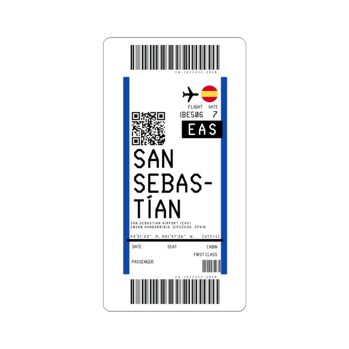 San Sebastian Airport (EAS) Boarding Pass Sticker — Travel Luggage Decal