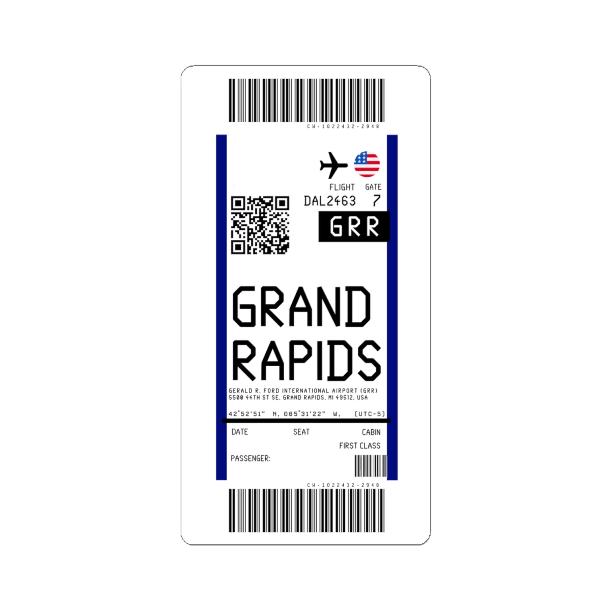 Grand Rapids Gerald R. Ford International Airport (GRR) Boarding Pass Sticker — Travel Luggage Decal
