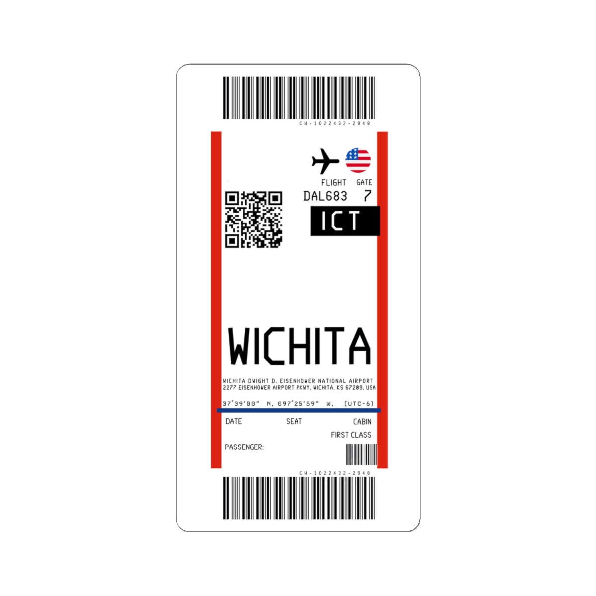 Wichita Dwight D. Eisenhower National Airport (ICT) Boarding Pass Sticker — Travel Luggage Decal
