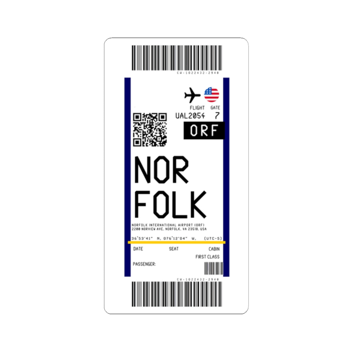 Norfolk International Airport (ORF) Boarding Pass Sticker — Travel Luggage Decal