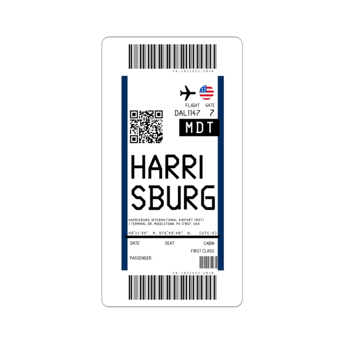 Harrisburg International Airport (MDT) Boarding Pass Sticker — Travel Luggage Decal