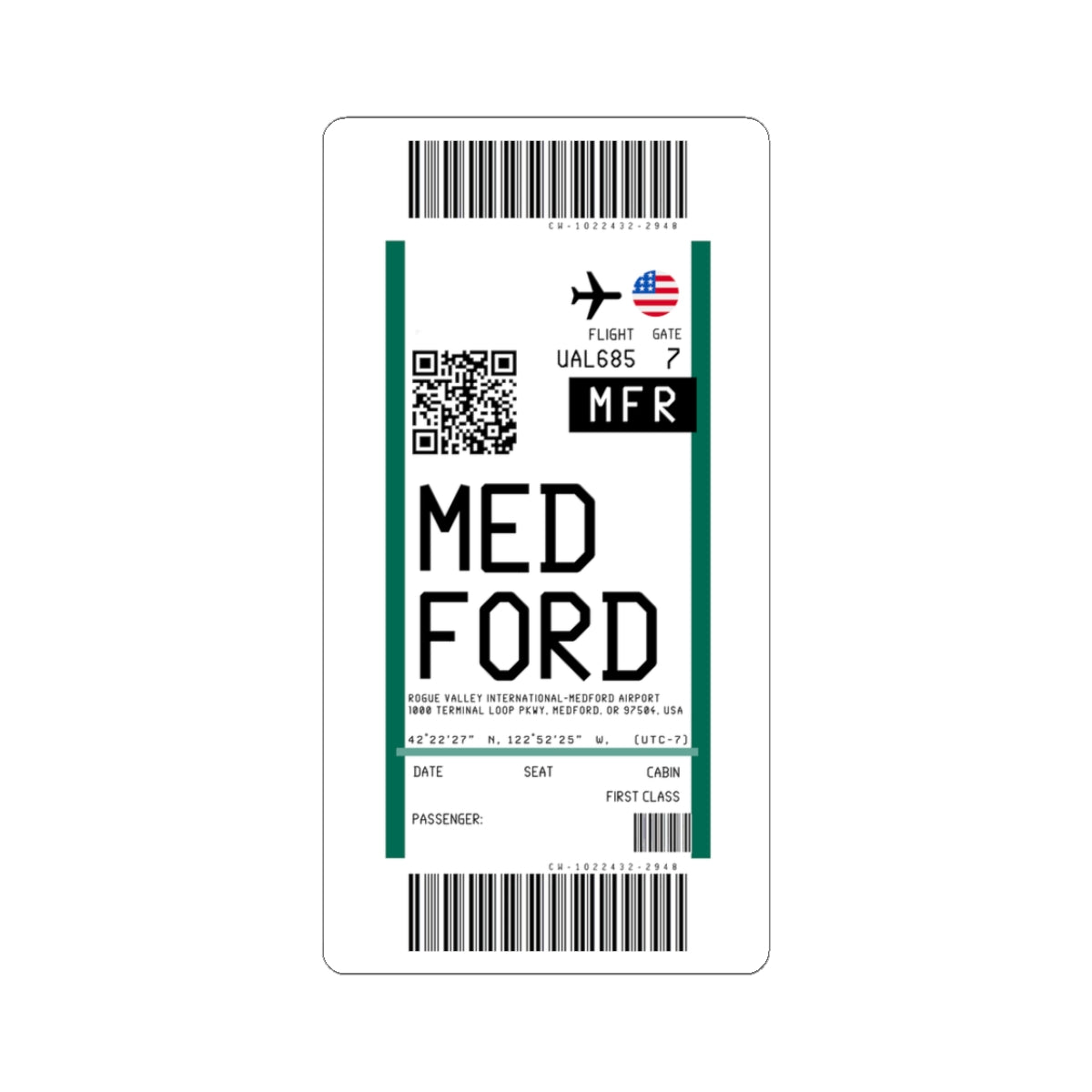 Rogue Valley International Medford Airport (MFR) Boarding Pass Sticker — Travel Luggage Decal
