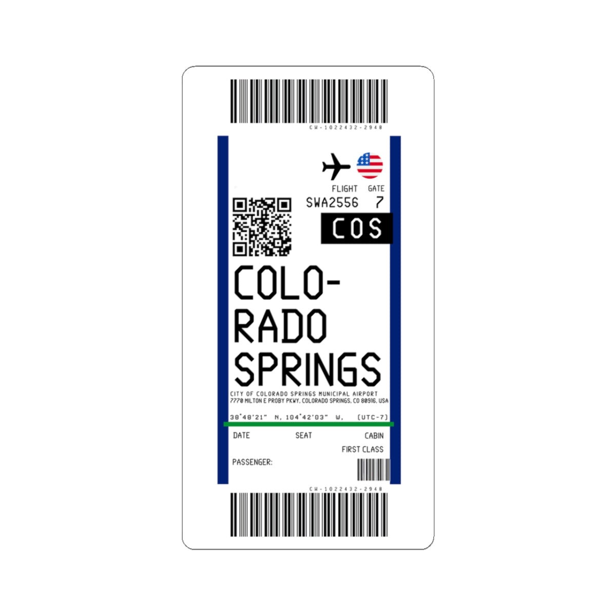 City of Colorado Springs Municipal Airport (COS) Boarding Pass Sticker — Travel Luggage Decal