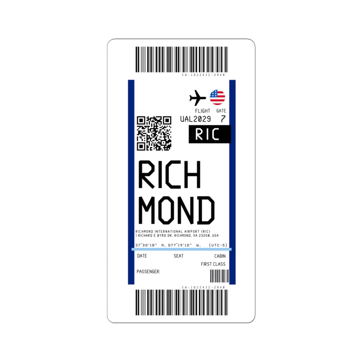 Richmond International Airport (RIC) Boarding Pass Sticker — Travel Luggage Decal